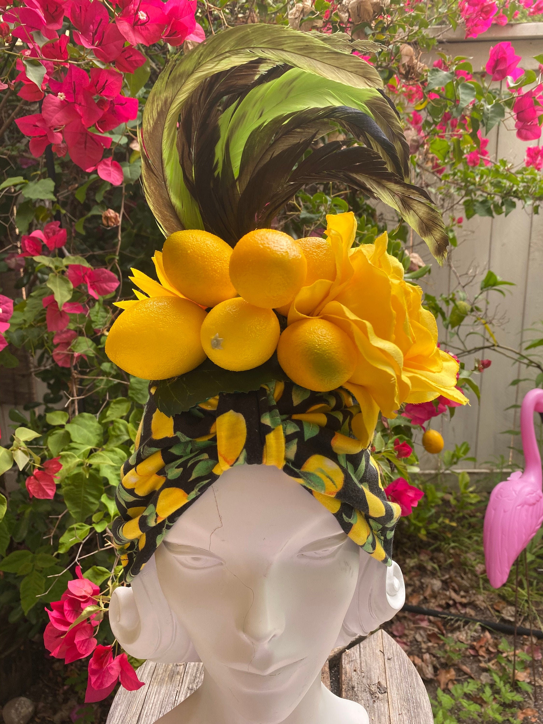 Handmade Lemon and Feather Custom Turban Carmen Miranda Showgirl Burlesque Summer Retro Vintage Reproduction 30s 40s
