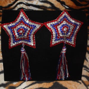 Burlesque Pasties Crystal Rhinestone with Tassels Red White Blue Star Stripes 4th of July American Holiday Pinup Showgirl