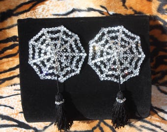 Halloween Pasties Pinup Showgirl Burlesque Goth Psychobilly Crystal Rhinestone Assels Spiderweb