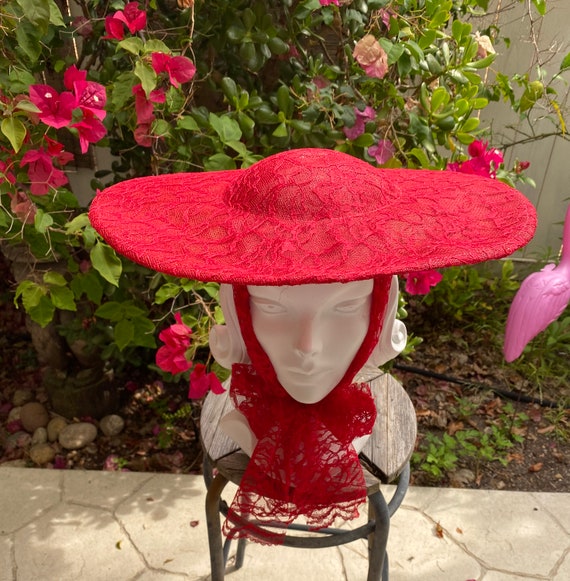 Red Lace Covered Sinamay Saucer Hat 