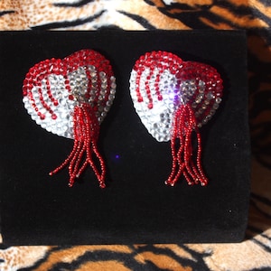 Pasties Burlesque Halloween Goth Psychobilly Bleeding Hearts Crystal Rhinestones Bead Tassels Red