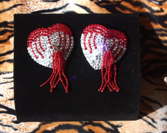 Pasties Burlesque Halloween Goth Psychobilly Bleeding Hearts Crystal Rhinestones Bead Tassels Red