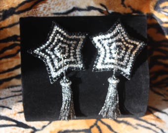 Burlesque Pasties Pinup Showgirl Crystal Rhinestone Star with Tassels Black Silver