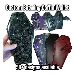 Custom Coffin Wallet MULTIPLE PRINTS & MATERIALS Personalized Batwing Strap Vinyl | Cult Horror Halloween Goth Scene Emo Alt Creepy Glow