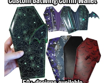 Custom Coffin Wallet MULTIPLE PRINTS & MATERIALS Personalized Batwing Strap Vinyl | Cult Horror Halloween Goth Scene Emo Alt Creepy Glow