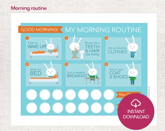 Morning Routine Printable Chart to Download for Kids, Boys, Girls, Toddlers. Blue Bunny Template