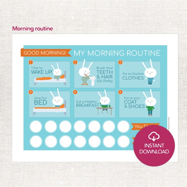 Morning Routine Printable Chart to Download for Kids, Boys, Girls, Toddlers. Blue Bunny Template
