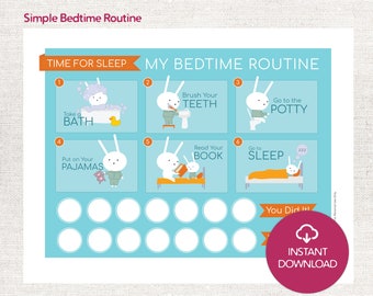Bedtime Routine Chart for Boys, Girls, Toddlers, kids. Blue Bunny Printable PDF