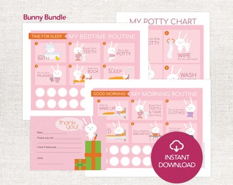 Routine Chart Bundle: Potty Training, Morning and Night Routine Chart, Thank You Notes for kids, girls and boy. PDF Download.