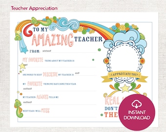 May include: A printable teacher appreciation card with a colorful design. The card features the text "TO MY AMAZING TEACHER" and includes fill-in-the-blank sections. A pink circle with "INSTANT DOWNLOAD" is in the lower right corner.