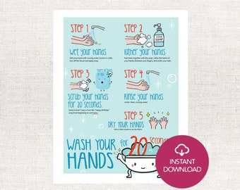 Hand Washing Printable chart: Cute How to Wash Hands Routine Chart Download for Classrooms, Homes and Offices Washing hands