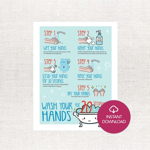 Hand Washing Printable chart: Cute How to Wash Hands Routine Chart Download for Classrooms, Homes and Offices Washing hands