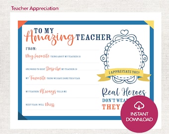 Teacher Appreciation Printable: Personal & Thoughtful Gift for Teacher - Instant Download