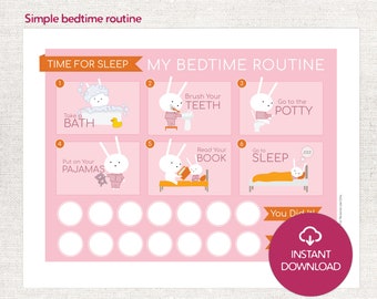 Grafico stampabile della routine della buonanotte per bambini, ragazze, neonati e ragazzi. PDF modello coniglietto rosa