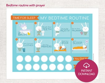 Bedtime Routine Chart with Prayer for Boys, Girls, Toddlers, kids. Blue Bunny Printable PDF