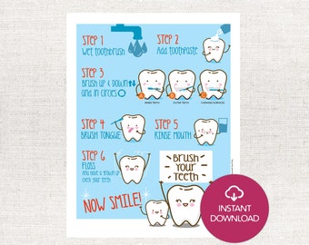 Brush Your Teeth Steps Printable chart: Cute How to Brush Your Teeth Routine Chart Download