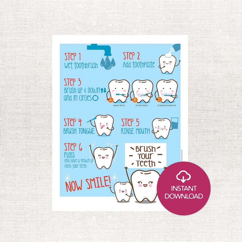 Brush Your Teeth Steps Printable Chart Cute How to Brush Your Teeth Routine Chart Download Etsy