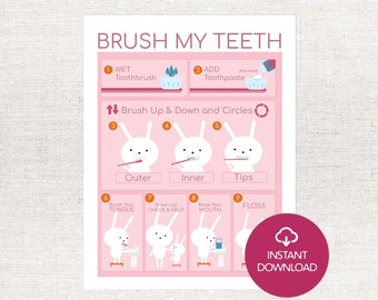 Brush Your Teeth Chart - Cute Bunny Printable for boys, girls, toddlers and kids - Pink Rabbit Instant Download PDF