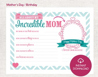 Mother's Day Gift - All About My Mom Printable Instant Download