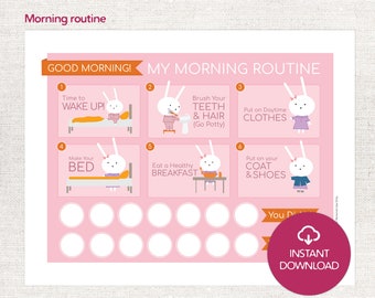 Morning Routine Printable Chart to download for Girls, Boys, Toddlers, kids - Pink Bunny Template PDF