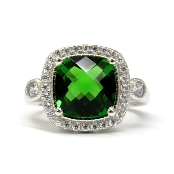 R4715 4.5ct. Victorian-Style Forest Green Helenite Cushion-Cut Square Accented Halo Sterling Silver Ring - Free USA Shipping -