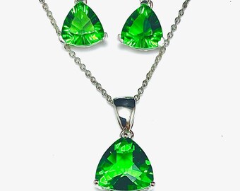 E71010L & P71313 Mt St Helens Helenite Trillion Cut Sterling Silver Dangling Earrings and Pendant