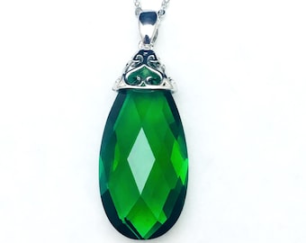P4591S Filigree Antique Style Mt St Helens Green Helenite May Birthstone Briolette Shape Sterling Silver Pendant Gift for Her
