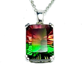 P41216W  Classic Style Water melon Helenite Emerald Cut 12x10mm 925 Sterling Silver Pendant Gift for Her