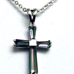 P157 Classic Style Rainbow Mystic Topaz Cross White Gold Over 925 Sterling Silver Pendant Gift for Her