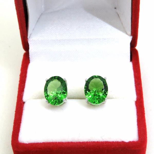 E10709P Classic Mt St Helens Green Oval Helenite May Birthstone Prong Set Studs Earrings Gift for Her