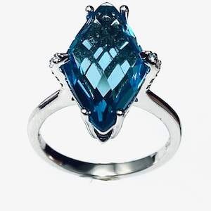 R6497 Unique Shape Mt St Helens Swiss Blue Helenite Rhombus Cut W/CZ Sterling Silver Ring Gift for Her