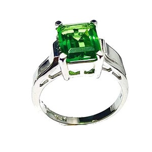 R2687S Classic Mt St Helens Green Helenite May Birthstone Emerald Cut Prong Set Sterling Silver Ring Gift for Her