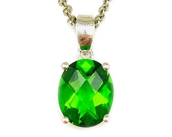 P10911 Classic Style Mt St Helens Green Helenite May Birthstone Oval Checkerboard Solid 925 Silver Pendant Gift for Her