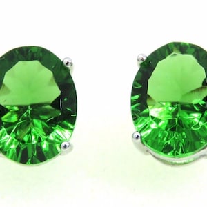 E10810P Classic Traditional Style Mt St Helens Green Oval Shape Helenite May Birthstone Prong Set Studs Earrings Gift for Her
