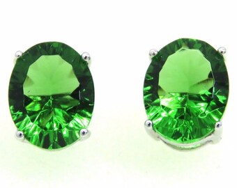 E10810P Classic Traditional Style Mt St Helens Green Oval Shape Helenite May Birthstone Prong Set Studs Earrings Gift for Her