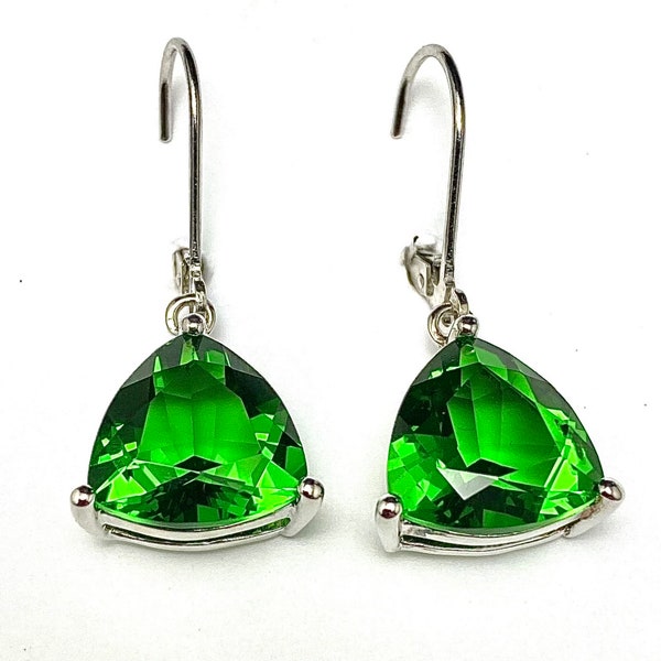 E71010LG Classic Style Mt St Helens Green Helenite May Birthstone Trillion Shape Dangle Earrings Gift for Her