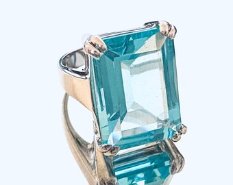 R0768B Classic Mt St Helens Blue Helenite November Birthstone Emerald Cut Prong Set Sterling Silver Ring Gift for Her