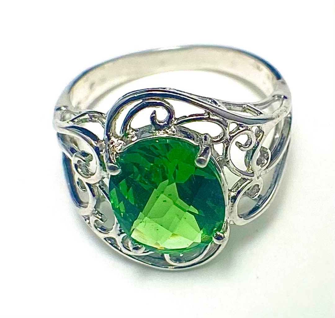 Helenite Rings R1516G Filigree Mt St Helens Green Oval (7x9mm) Helenite May Birthstone ...