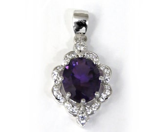 P6343 Natural Amethyst February Birthstone 9*11mm Oval Antique-Style Halo Sterling Silver Pendant Gift for Her
