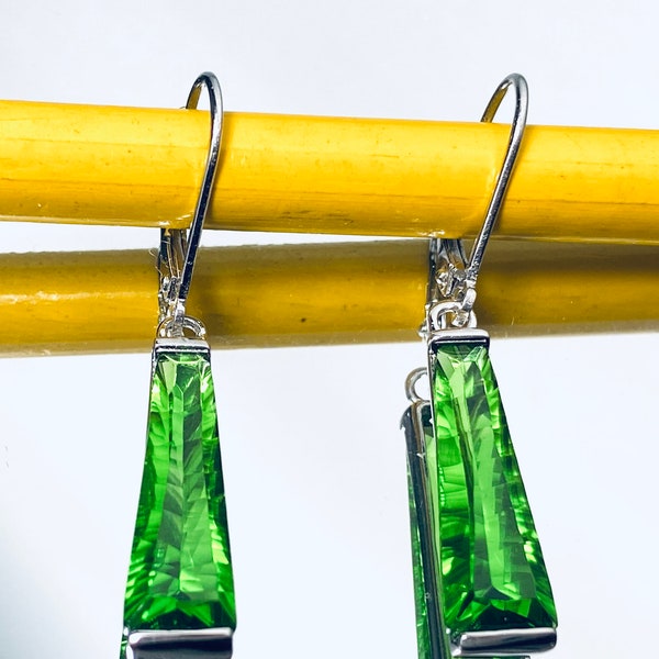 E50406L Classic Style Mt St Helens Green Helenite May Birthstone Trillion Cut Dangling Earrings Gift for Her