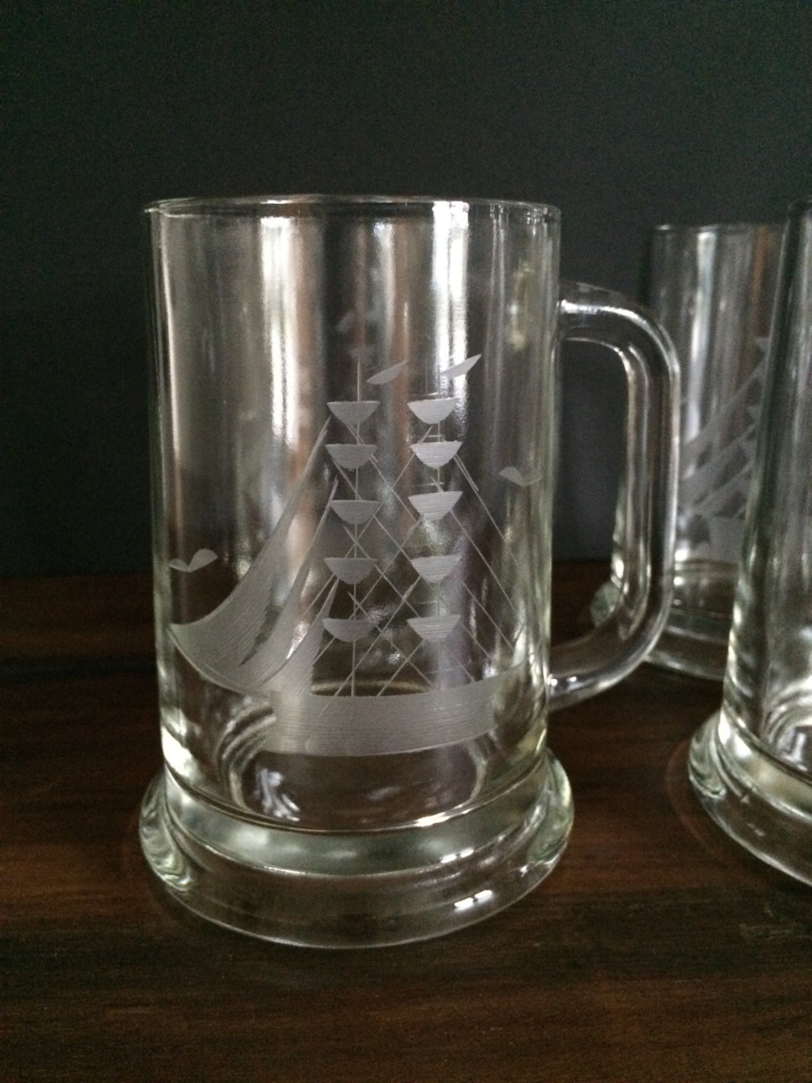 Set of 4 Etched Glass Nautical Sailing Ship Beer Mugs Etsy
