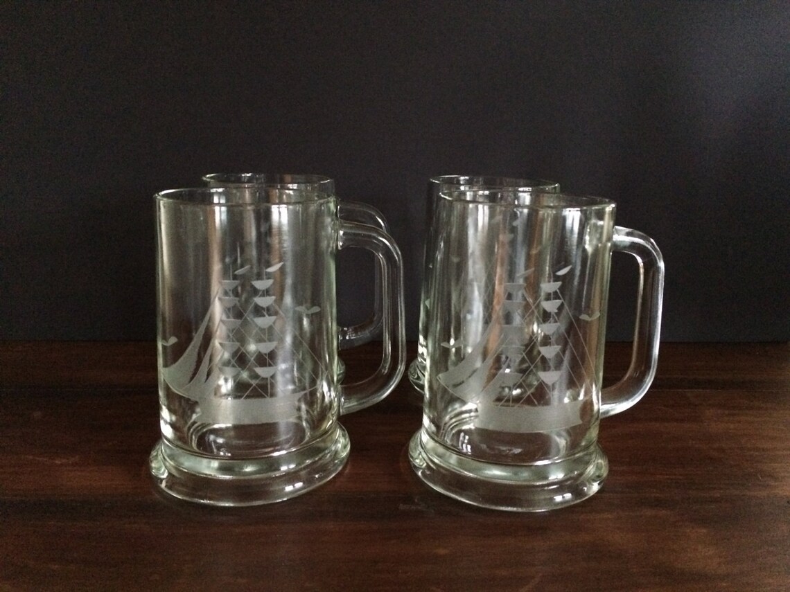 Set of 4 Etched Glass Nautical Sailing Ship Beer Mugs Etsy