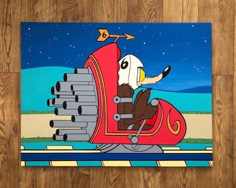 May include: A cartoon coyote wearing a helmet and driving a red rocket ship with a number 6 on the side. The rocket ship has a long exhaust pipe with many tubes. The background is a blue night sky with stars.