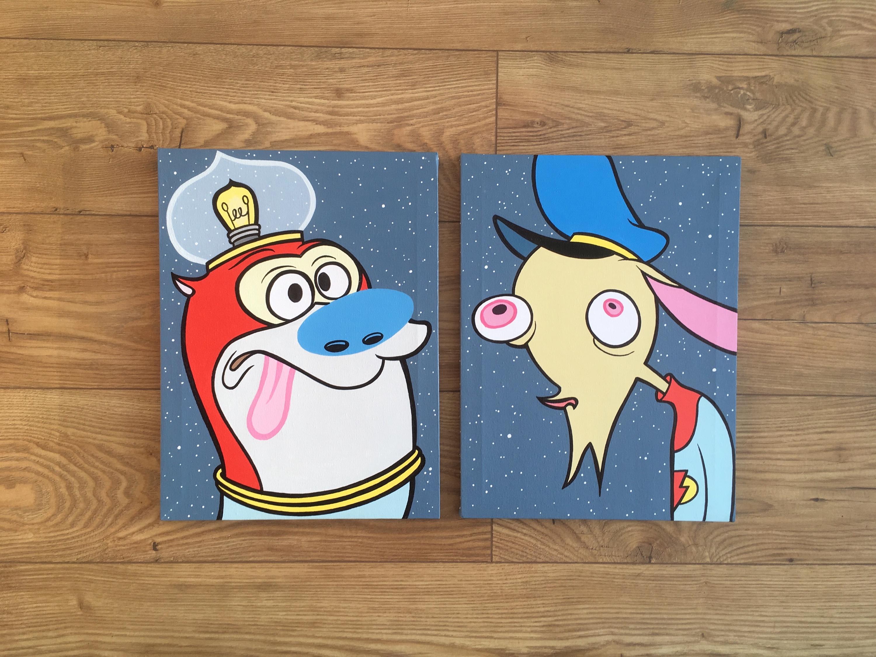 Ren & Stimpy Space Madness Set of Two 16” X 12” Paintings on