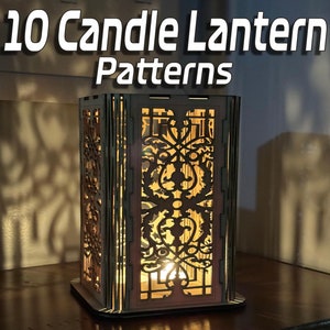 Puede incluir: Una linterna de vela de madera con un diseño decorativo intrincado. La linterna está iluminada con una vela en su interior, proyectando un cálido resplandor. El texto "10 Candle Lantern Patterns" se muestra sobre la linterna.