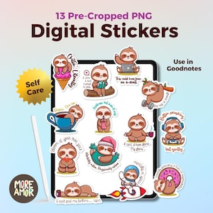 May include: A collection of 13 digital stickers featuring cartoon sloths in various poses. The stickers include phrases like "Self Care", "Chillin' Literally", and "Bloom at your own pace". The stickers are designed for use in Goodnotes.