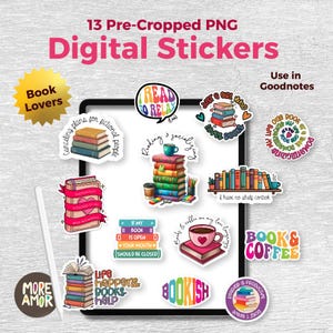 Op de afbeelding: Een verzameling van 13 digitale stickers met een boeken thema. De stickers bevatten stapels boeken, koffiekopjes en zinnen als "Book Lovers", "Read to Relax" en "Bookish". De stickers zijn ontworpen voor gebruik in Goodnotes.