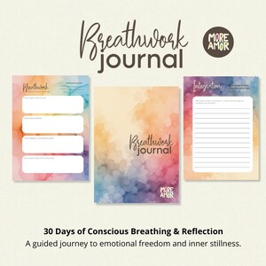 Pode incluir: Um "Diário de Respiração" com um design em aquarela. O diário tem uma capa mole com as palavras "Breathwork Journal" em uma fonte de script. O diário inclui prompts para reflexão e o texto "30 Days of Conscious Breathing & Reflection".