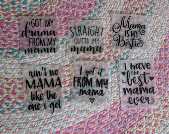 Baby Shower Fun! Mama Bodysuit Phrases - 6 Pack of Iron On Transfers