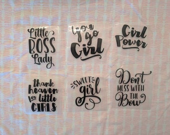 Baby Shower Fun! Newborn Bodysuit Phrases - Baby Girl - 6 Pack of Iron On Transfers
